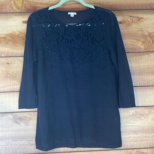 J Jill Womens Top Small Embroidered Knit Linen Blend Floral 3/4 Sleeve Navy Blue